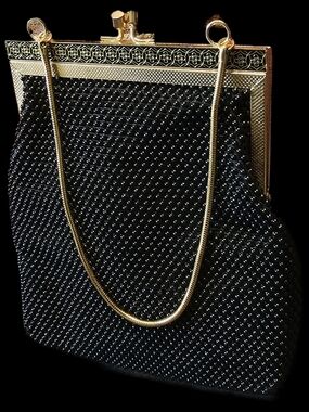 Whiting & Davis Black Beaded Evening Clutch with Gold Frame